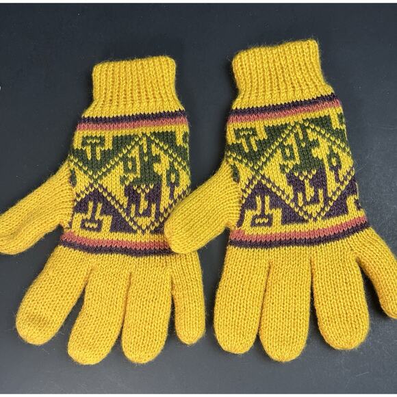 Yellow/Green/Brown Finger Unisex Peruvian Alpaca Wool Adult Gloves NEW - Picture 3 of 3